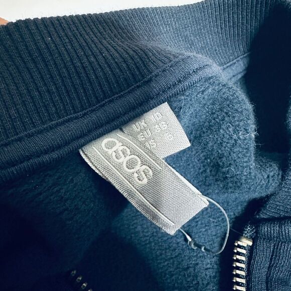 ASOS Cold Shoulder Cut Out Ruffle Trim Zip Up Navy Blue Sweatshirt w/ Pockets - Picture 4 of 7